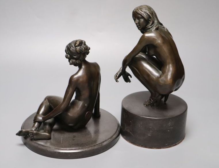 Two modern French bronzes of seated nudes on marble plinths, tallest 22cm